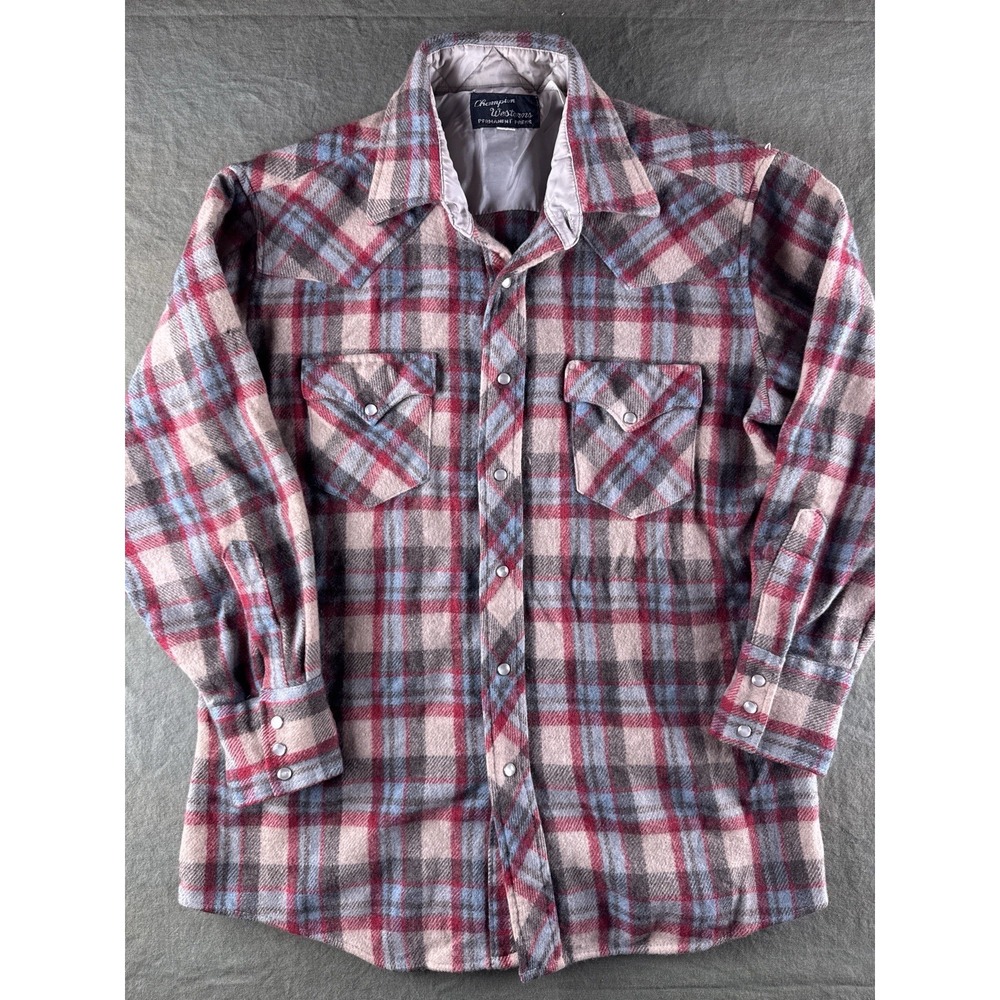 Vintage Champion Western Pearl Snap Wool Flannel Shirt Gray Red Beige Plaid M